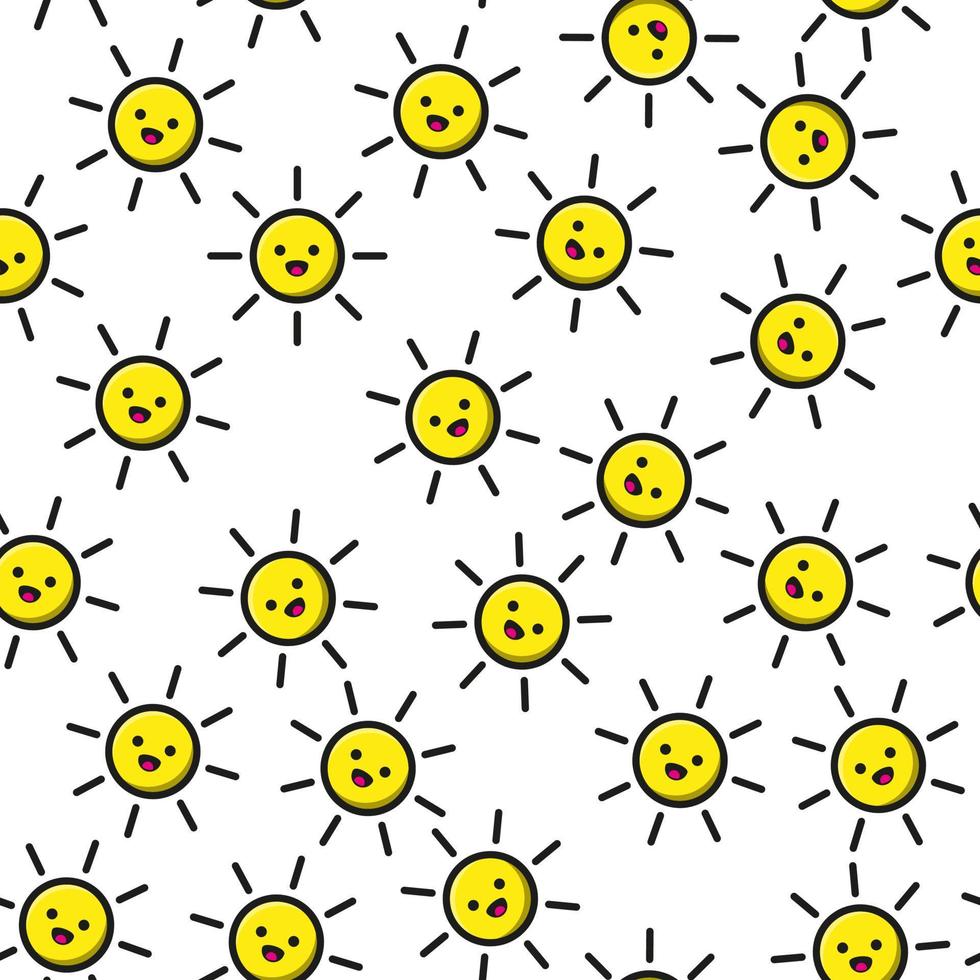 Seamless pattern with yellow cartoon sun with smiling face on a white background vector art illustration.