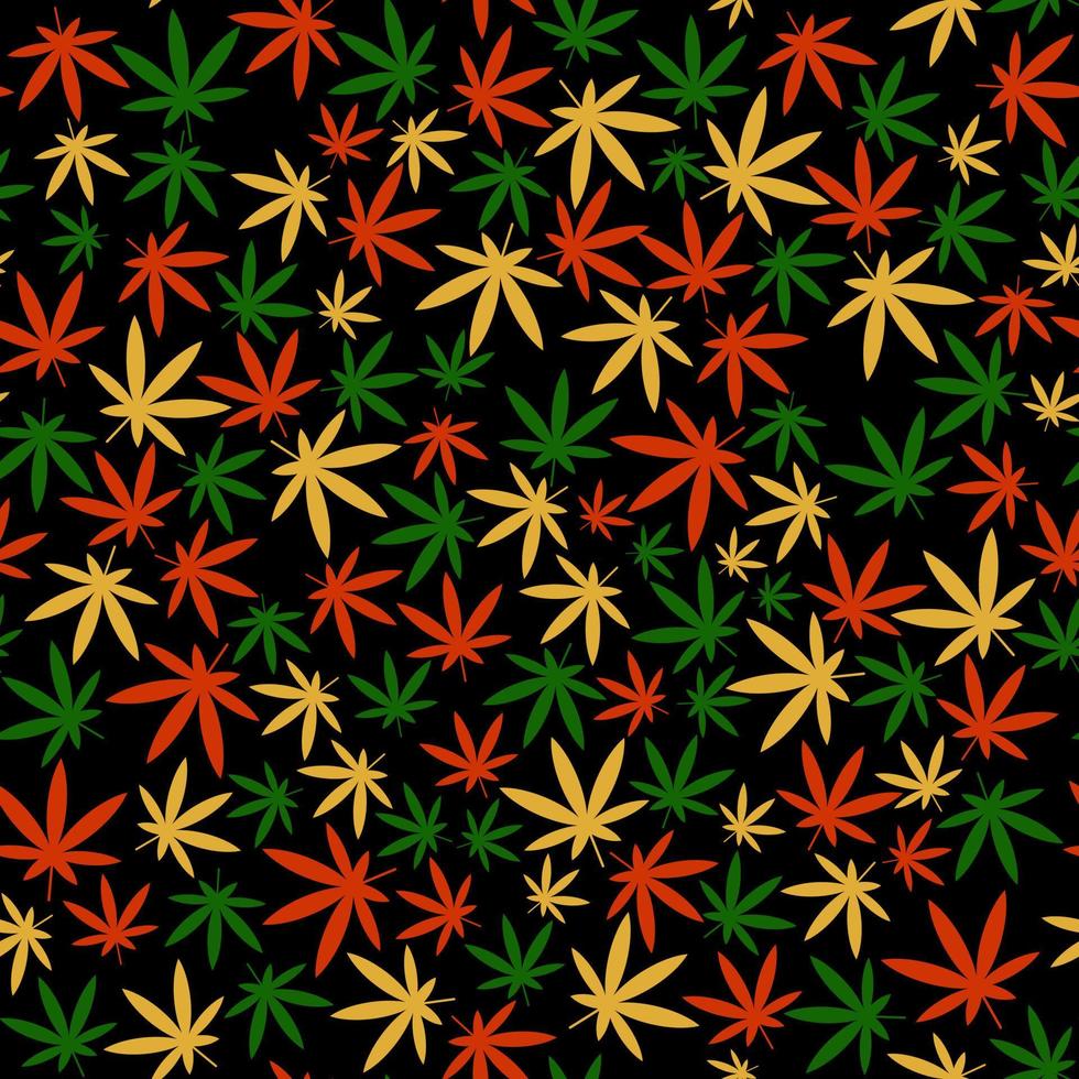 patrón impecable con hojas de cannabis coloridas en una ilustración de arte vectorial de fondo negro. vector