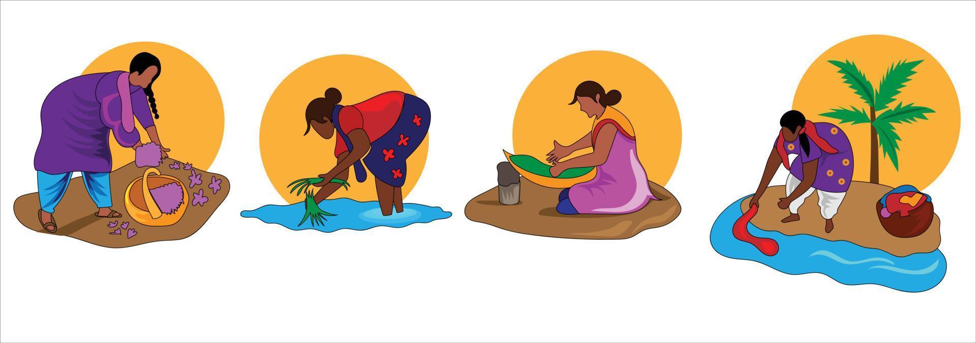 Indian woman washing clothes ocean vector illustration