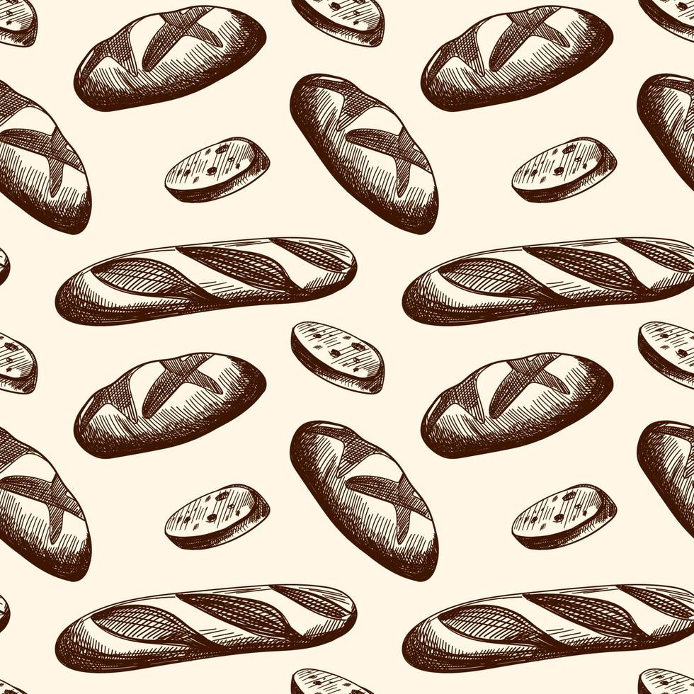 Seamless pattern with pastries, buns, cakes, and bread. Baking doodle background. Hand-drawn in a graphic style. Vector illustration in sketch style.