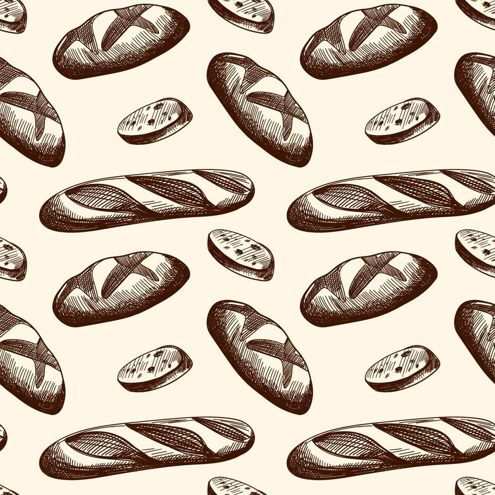 Seamless pattern with pastries, buns, cakes, and bread. Baking doodle background. Hand-drawn in a graphic style. Vector illustration in sketch style.