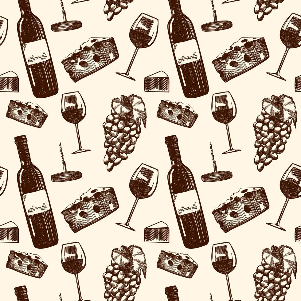 French food illustration seamless pattern. Hand drawn vector picnic meal illustrations. Engraved style different snack and wine design. Retro food background.