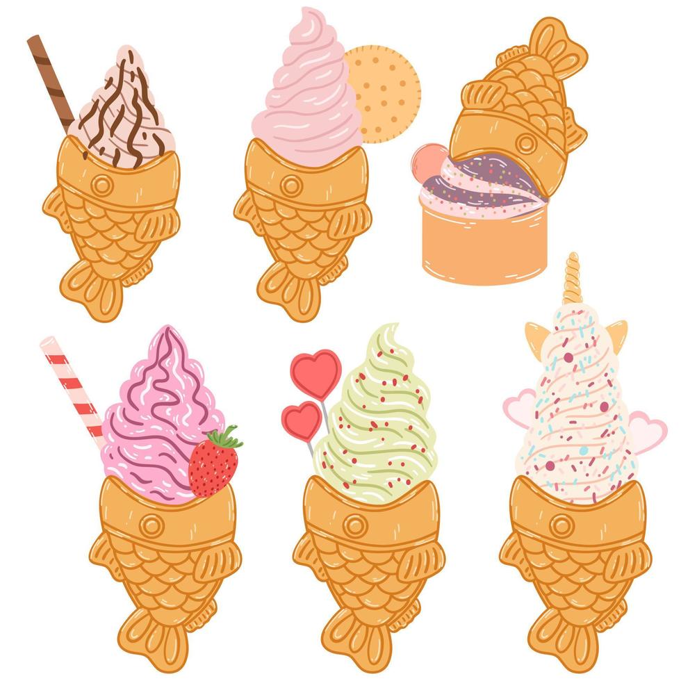 conjunto de cono de helado en forma de pez taiyaki en estilo plano de dibujos animados. ilustración vectorial dibujada a mano de comida tradicional japonesa, dulce, postre vector