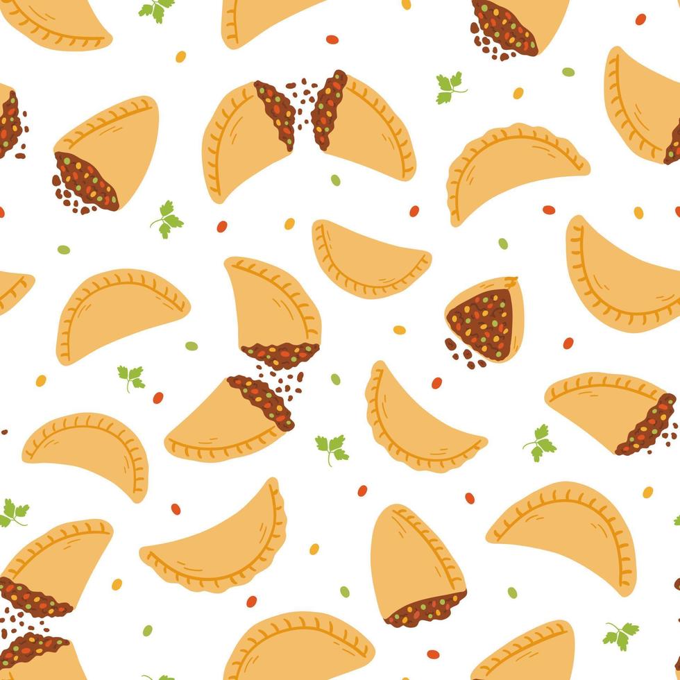 Seamless pattern with empanadas in cartoon flat style. Hand drawn vector background with traditional Latino America food, folk cuisine