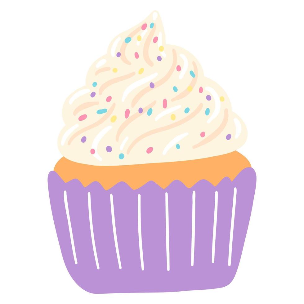 Hand drawn delicious cupcake in cartoon style. Vector illustration of sweets, dessert, pastries