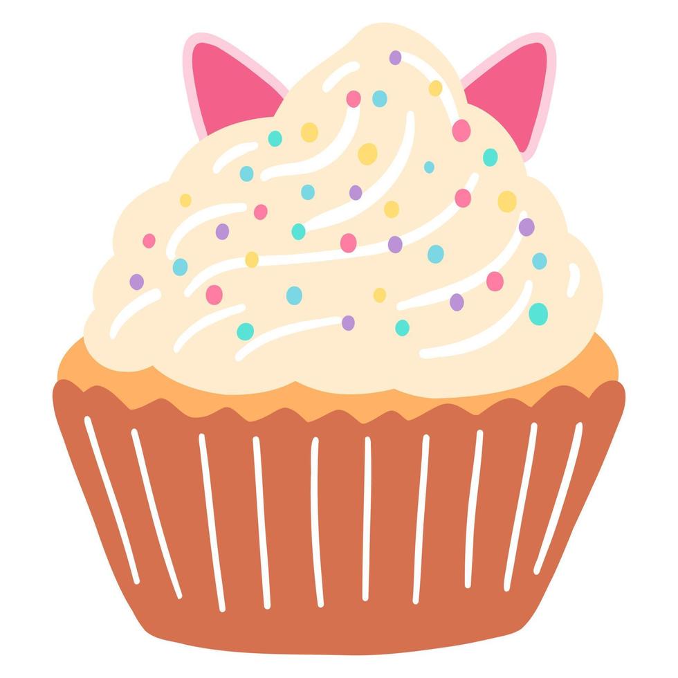 Hand drawn delicious cupcake in cartoon style. Vector illustration of sweets, dessert, pastries