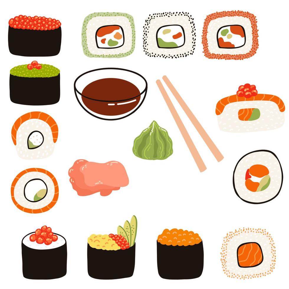 Sushi set with with soy sauce, ginger, wasabi, chopsticks in flat style. Hand drawn illustration of Japanese traditional cuisine. vector