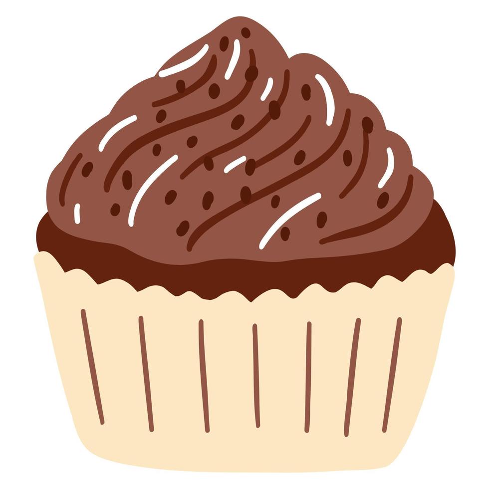 Hand drawn delicious chocolate cupcake in cartoon style. Vector illustration of sweets, dessert, pastries