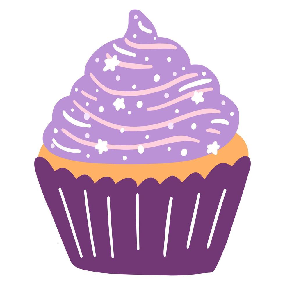 Hand drawn delicious cupcake in cartoon style. Vector illustration of sweets, dessert, pastries