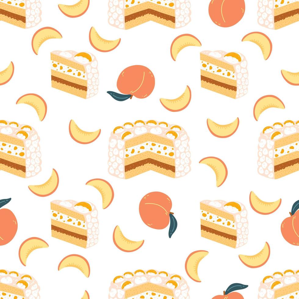 patrón sin costuras con chaja de pastel uruguayo en estilo plano de dibujos animados. fondo vectorial dibujado a mano con bizcocho y melocotones, cocina popular, dulce latinoamericano vector