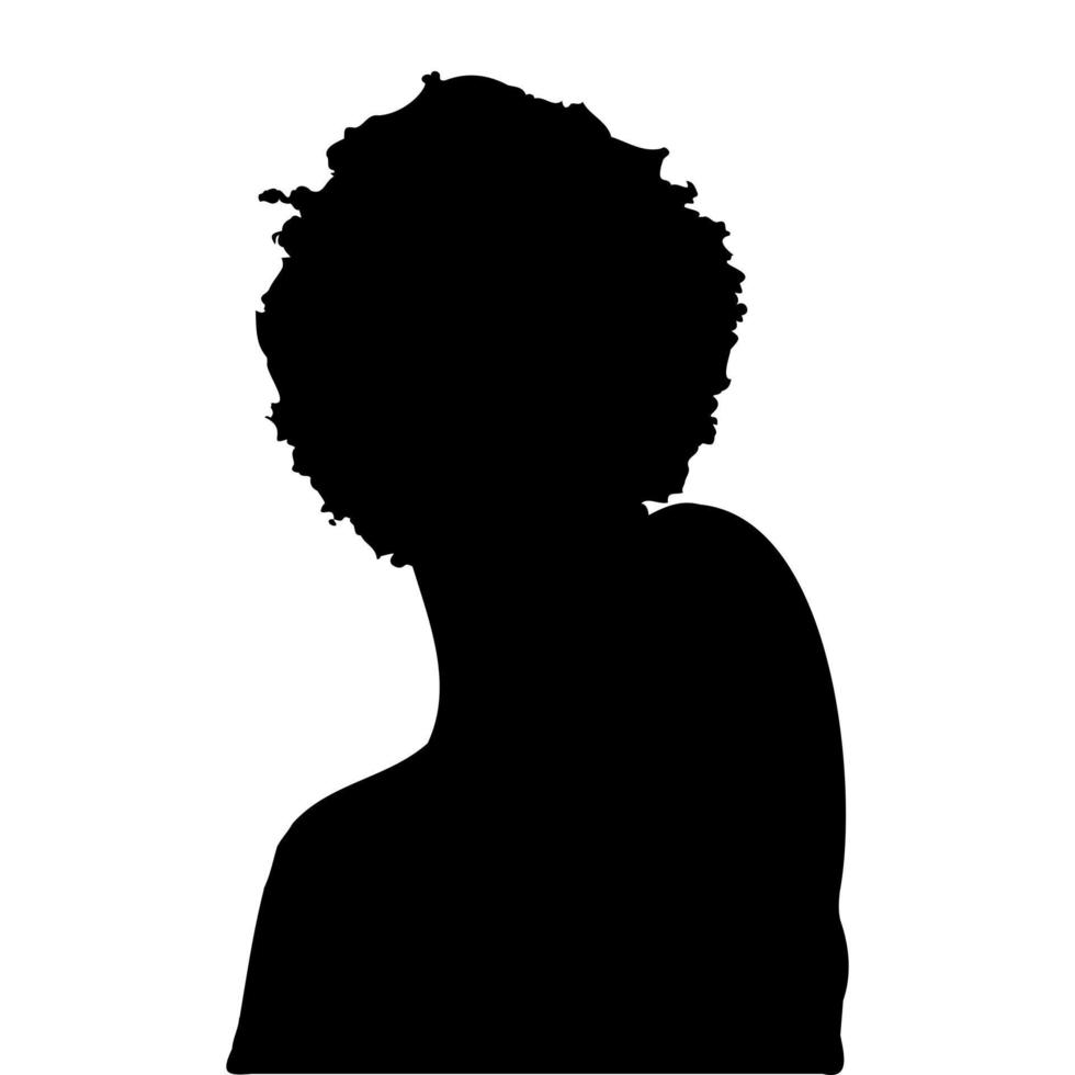 Vector silhouette of a woman with curly hair on a white background.
