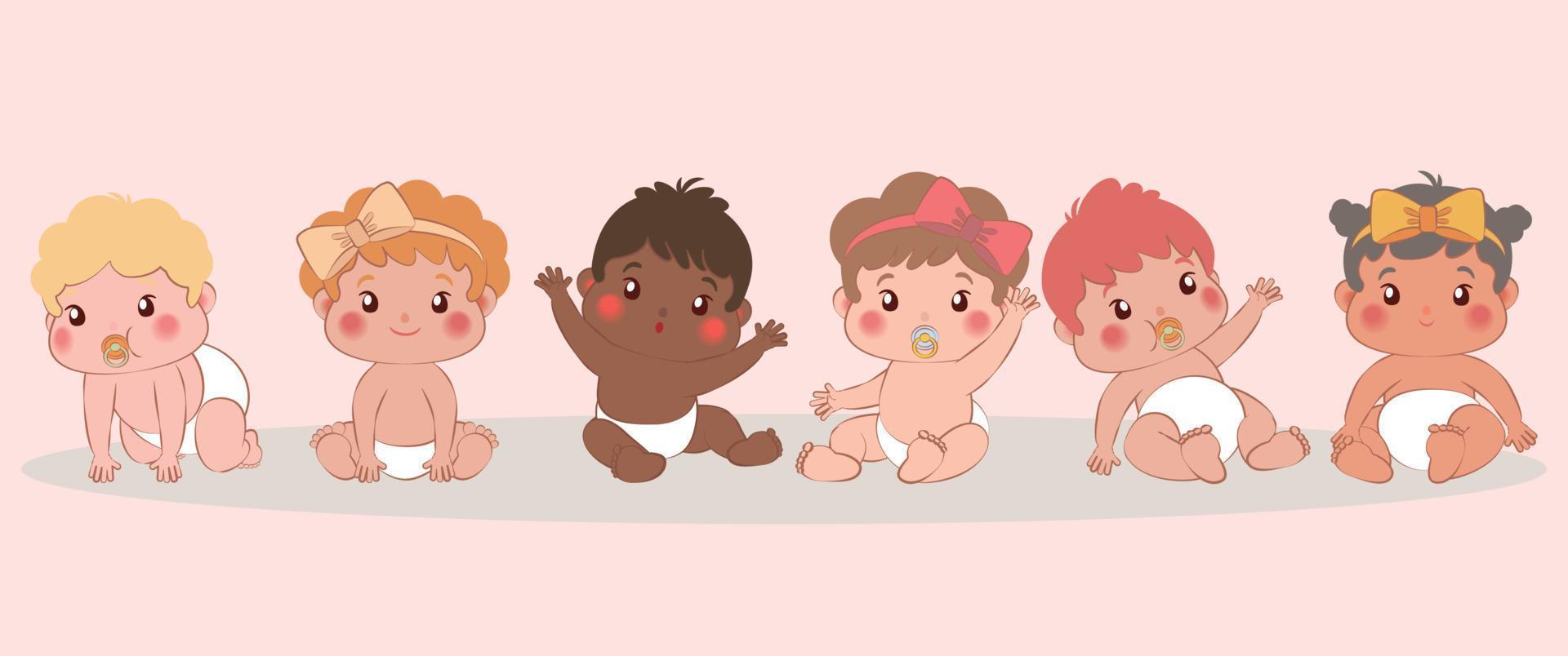 Cute babies with different looks doing different actions vector