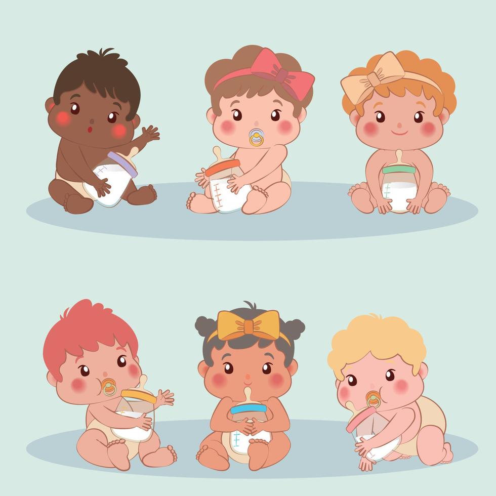 Adorable babies of different looks holding milk bottles vector