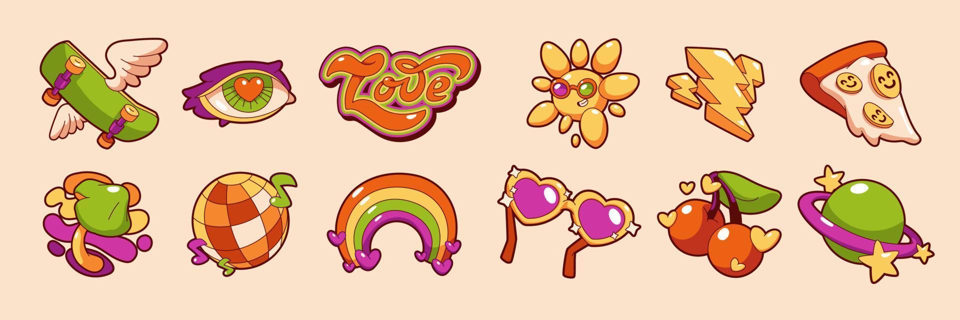 Retro groovy stickers with rainbow, planet, sun vector