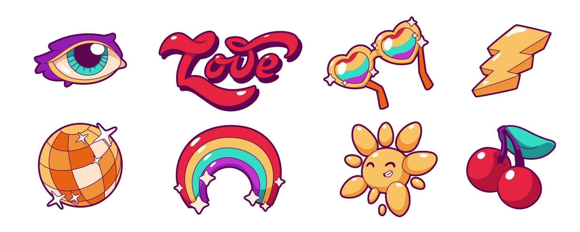 Retro groovy stickers, rainbow, disco ball, sun vector