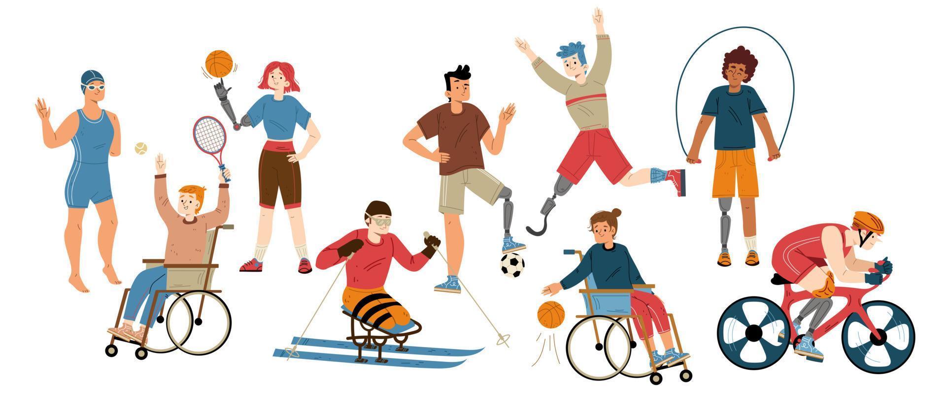 Sport people with prosthesis and in wheelchair. vector