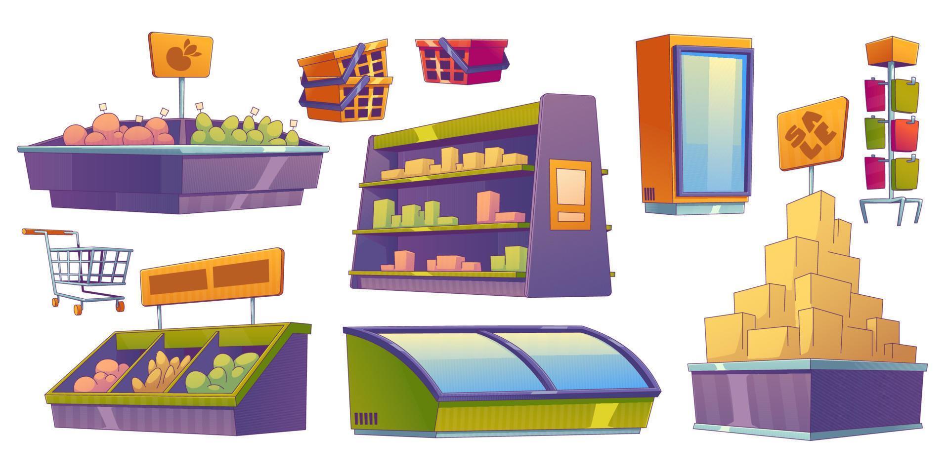 Shelves and showcases in supermarket, grocery shop vector