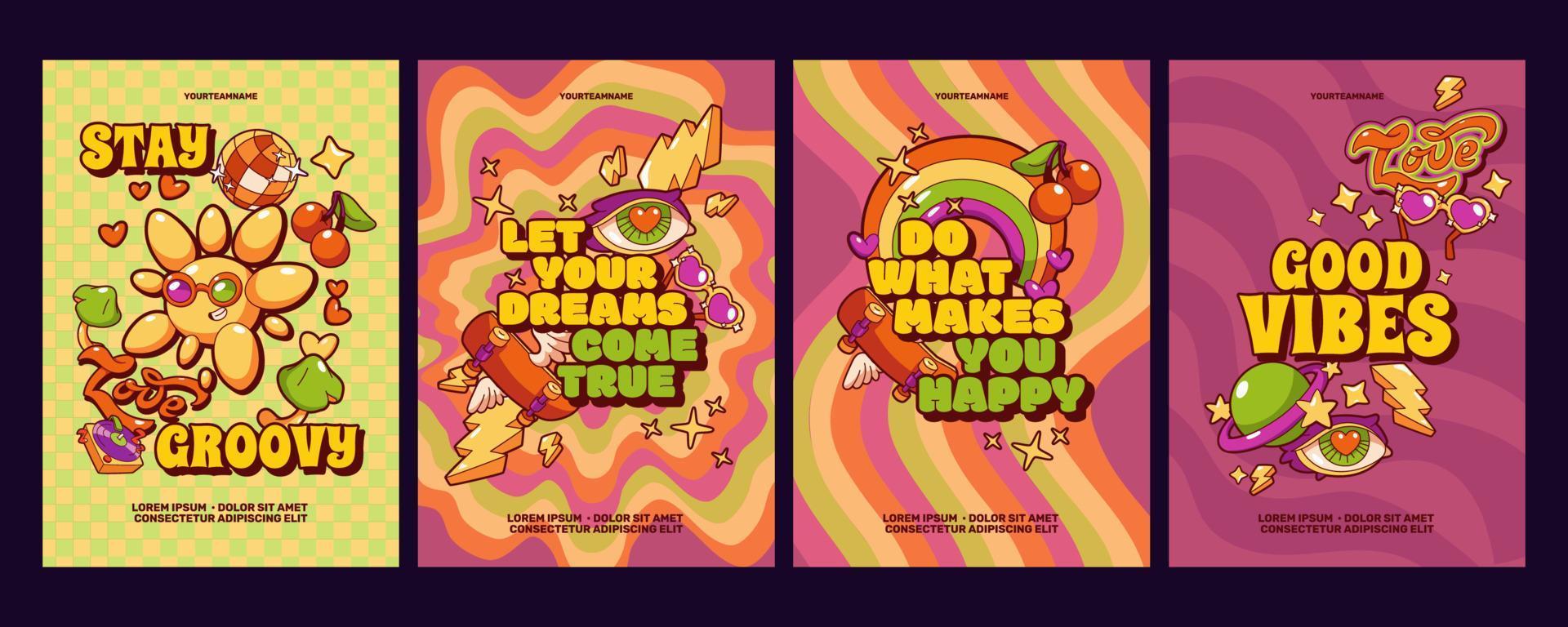 Retro groovy vibe posters with motivation phrases vector
