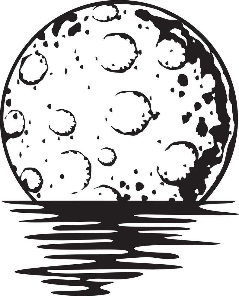 Full Moon Reflecting Over the Sea or Ocean. Black and White Vector Illustration.