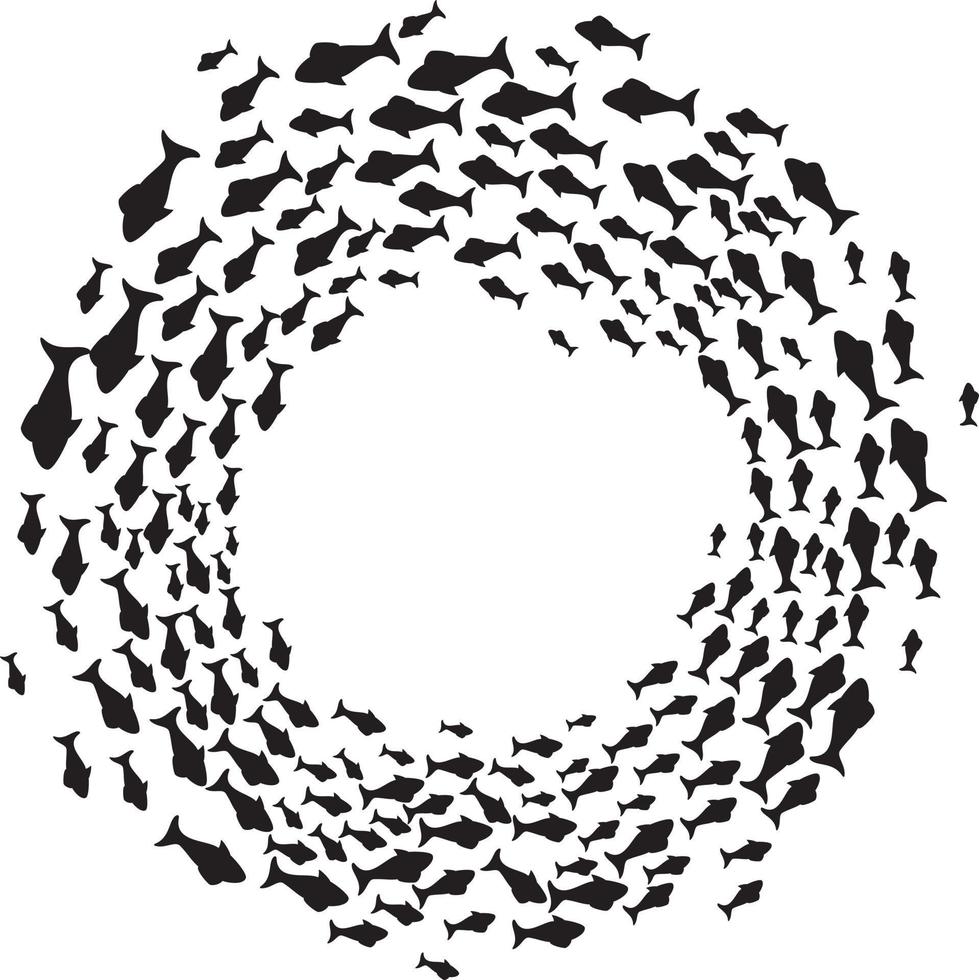 Swimming Fishes Black and White. Vector Illustration. Shoal of fish circling.