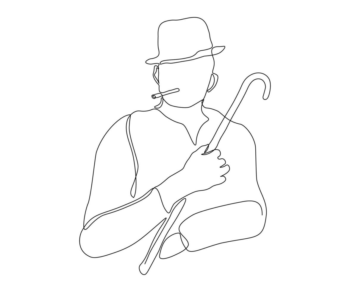 hombre abstracto en un sombrero con un cigarro y un bastón, caballero, dibujado a mano, línea mono continua, arte de una línea, dibujo de contorno vector