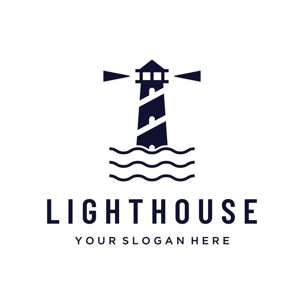 Sea lighthouse tower building creative Logo design with spotlights vintage vector template.