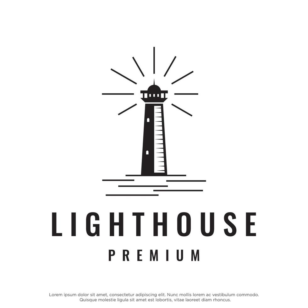 Sea lighthouse tower building creative Logo design with spotlights vintage vector template.