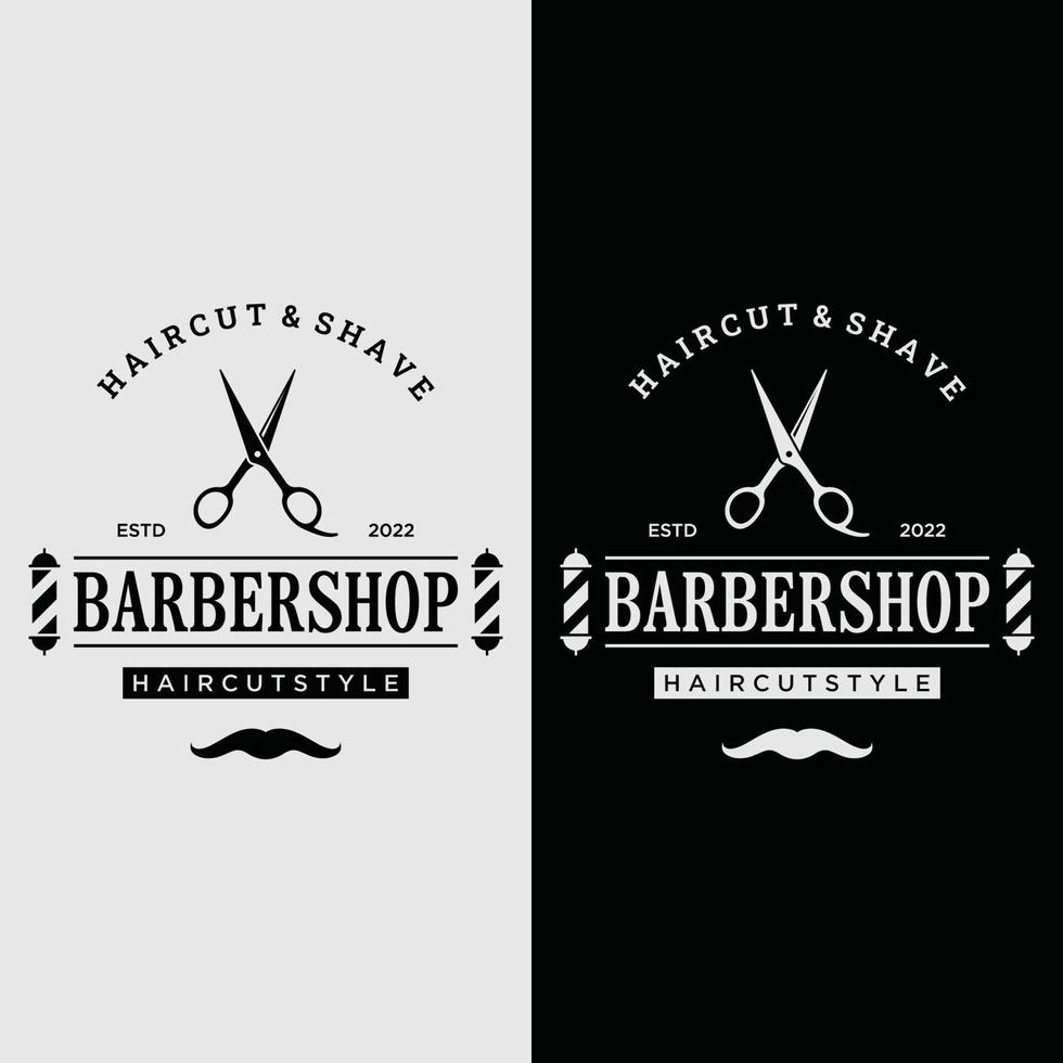 plantilla de logotipo de barbería en estilo vintage con el concepto de tijeras, maquinilla de afeitar y otras herramientas.logotipo para negocios, salón, etiqueta y barbería. vector