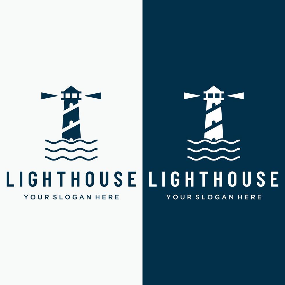 Sea lighthouse tower building creative Logo design with spotlights vintage vector template.