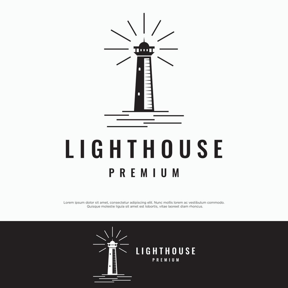 Sea lighthouse tower building creative Logo design with spotlights vintage vector template.