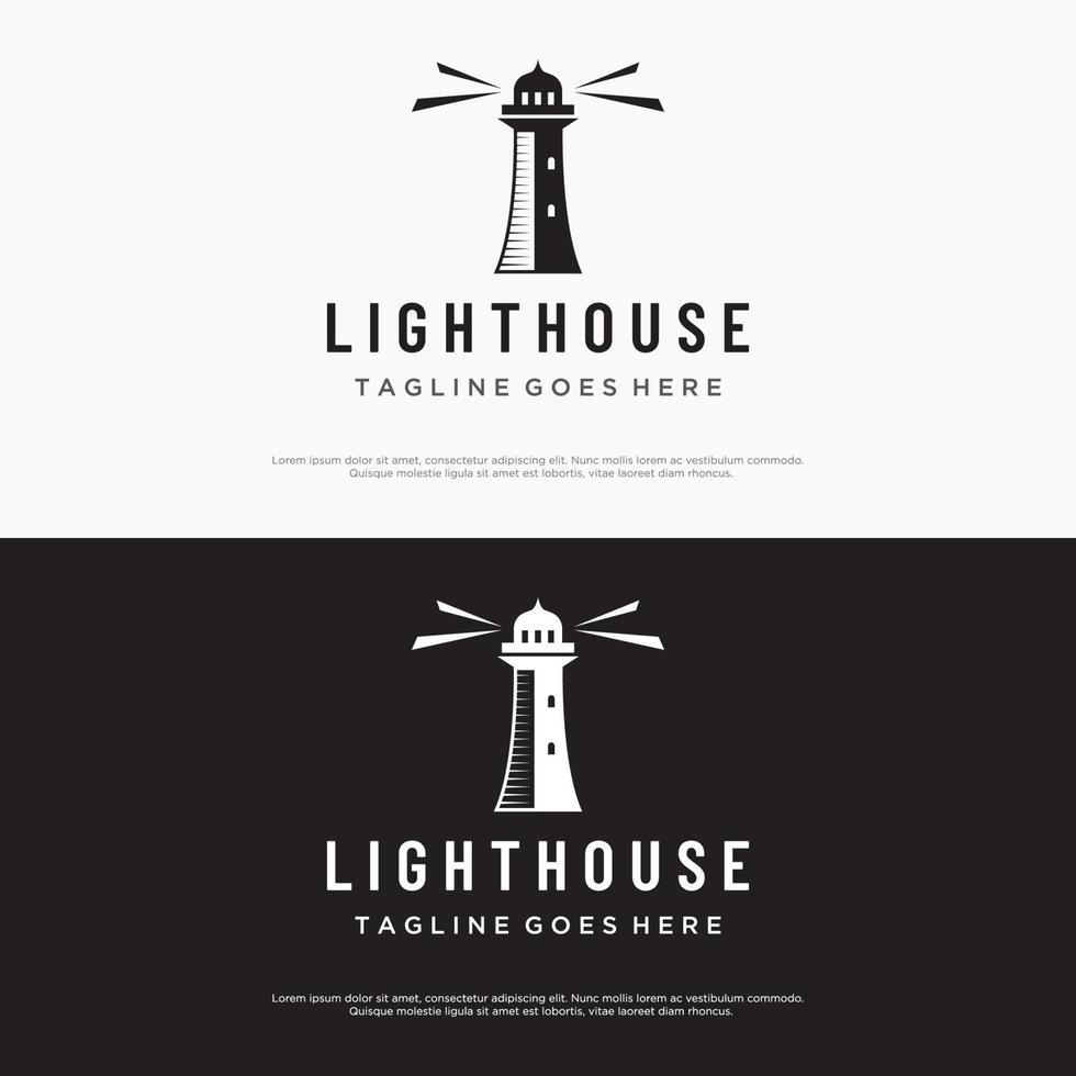 Sea lighthouse tower building creative Logo design with spotlights vintage vector template.