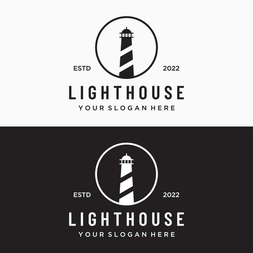 Sea lighthouse tower building creative Logo design with spotlights vintage vector template.