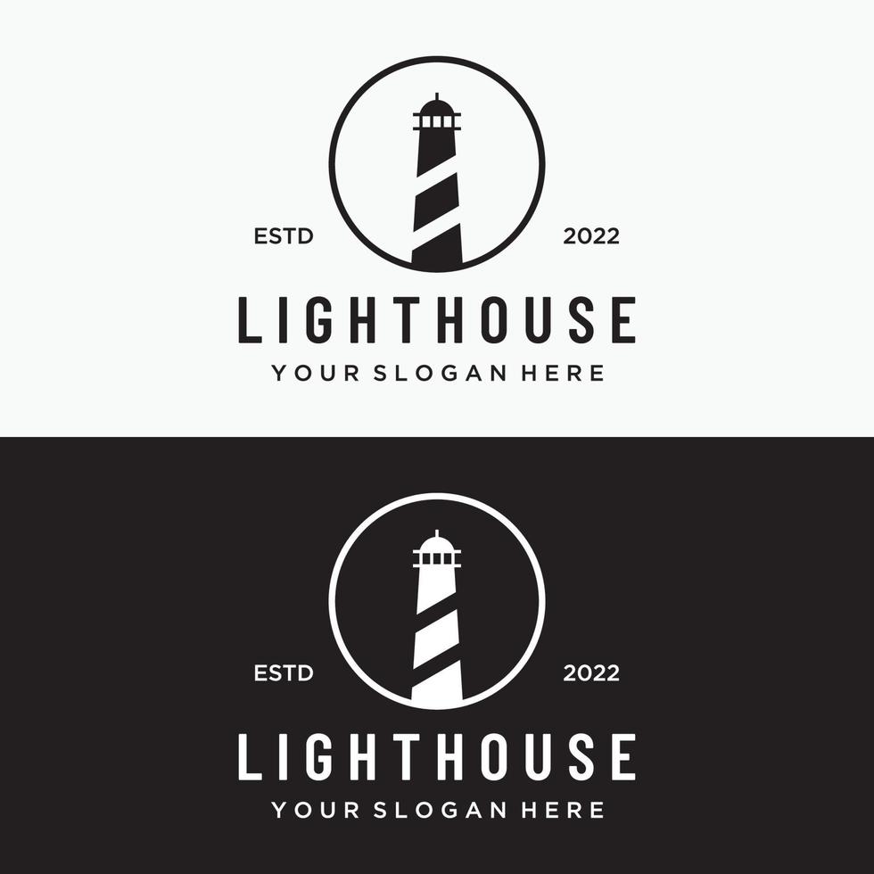 Sea lighthouse tower building creative Logo design with spotlights vintage vector template.