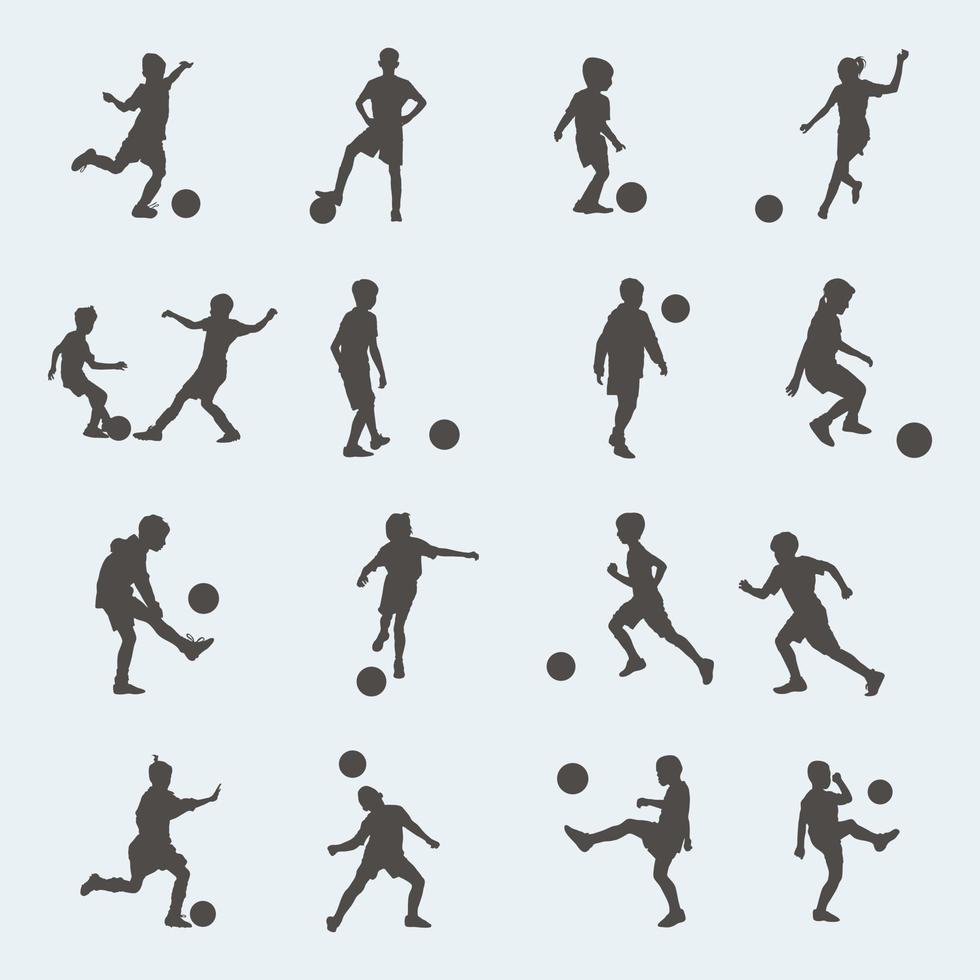 Kids playing soccer silhouette, Kids playing football silhouettes vector