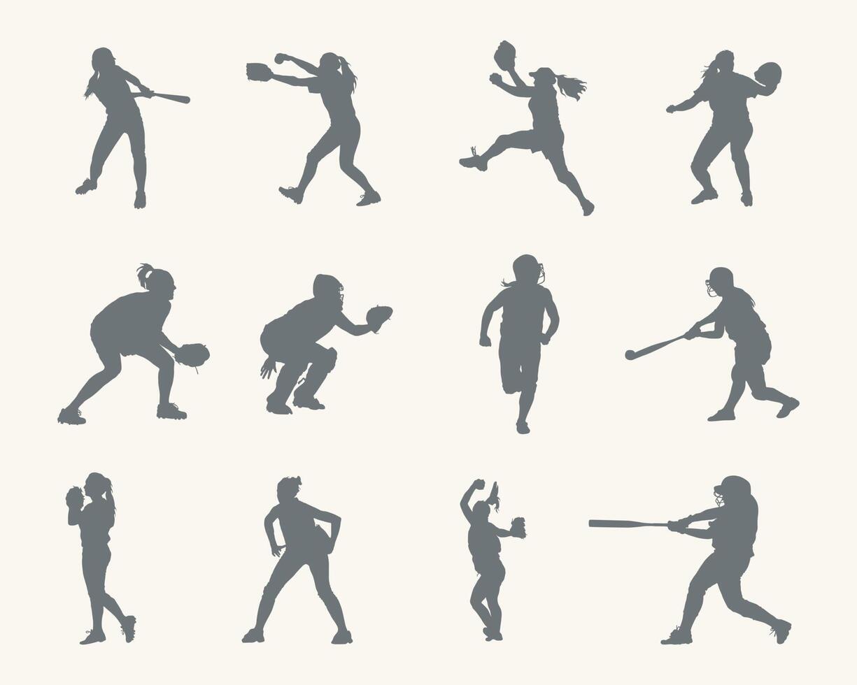 Softball player silhouettes, Softball silhouettes vector