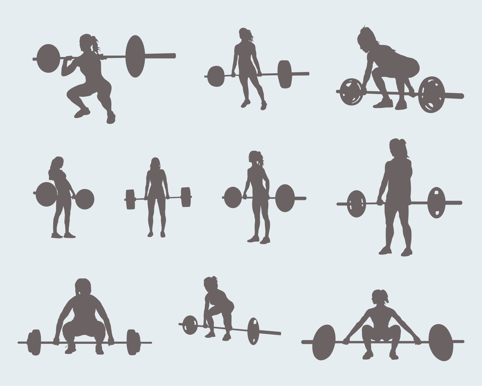 Woman weightlifting silhouettes, Woman fitness exercise silhouettes