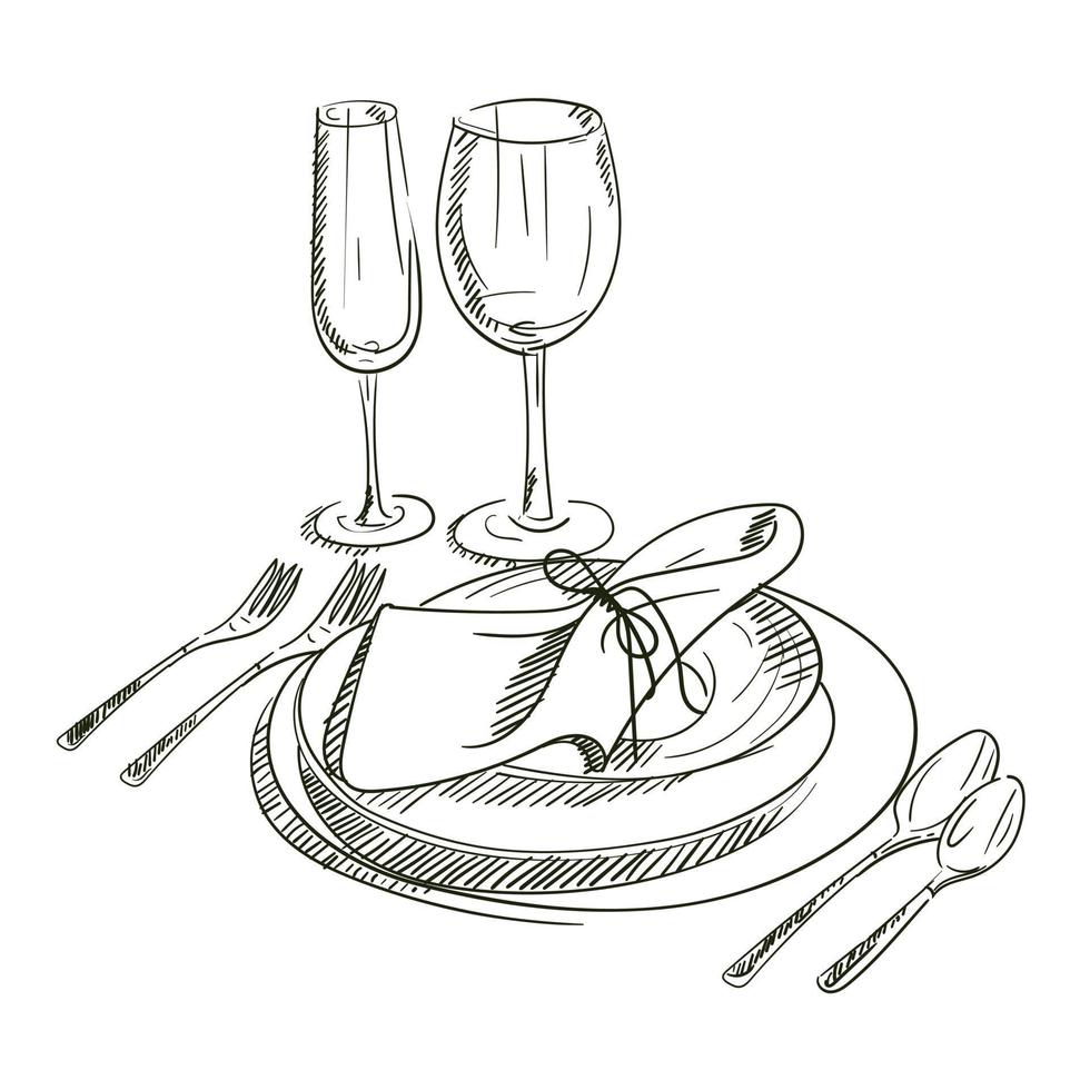 A hand-drawn sketch of a dinner service for a wedding ceremony. Preparation for the wedding ceremony. Plates, champagne glasses, knife, spoon, fork, napkin, wine glass. Serving. On a white background vector