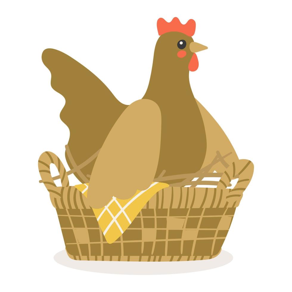 pollo lindo de dibujos animados en una canasta de huevos para incubar. cesta con paja. ilustración vectorial aislada de dibujos animados simples. impresión de ilustración de pascua en una postal, camiseta. vector