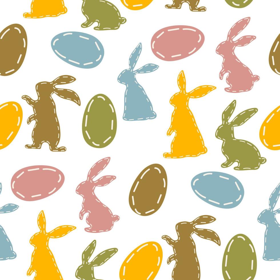 A pattern of colored Easter bunnies and eggs. The contours of rabbits and eggs are stitched along the edge. Rabbit or hare, a spring festive animal for Easter. Cartoon vector made of fabric. Packaging