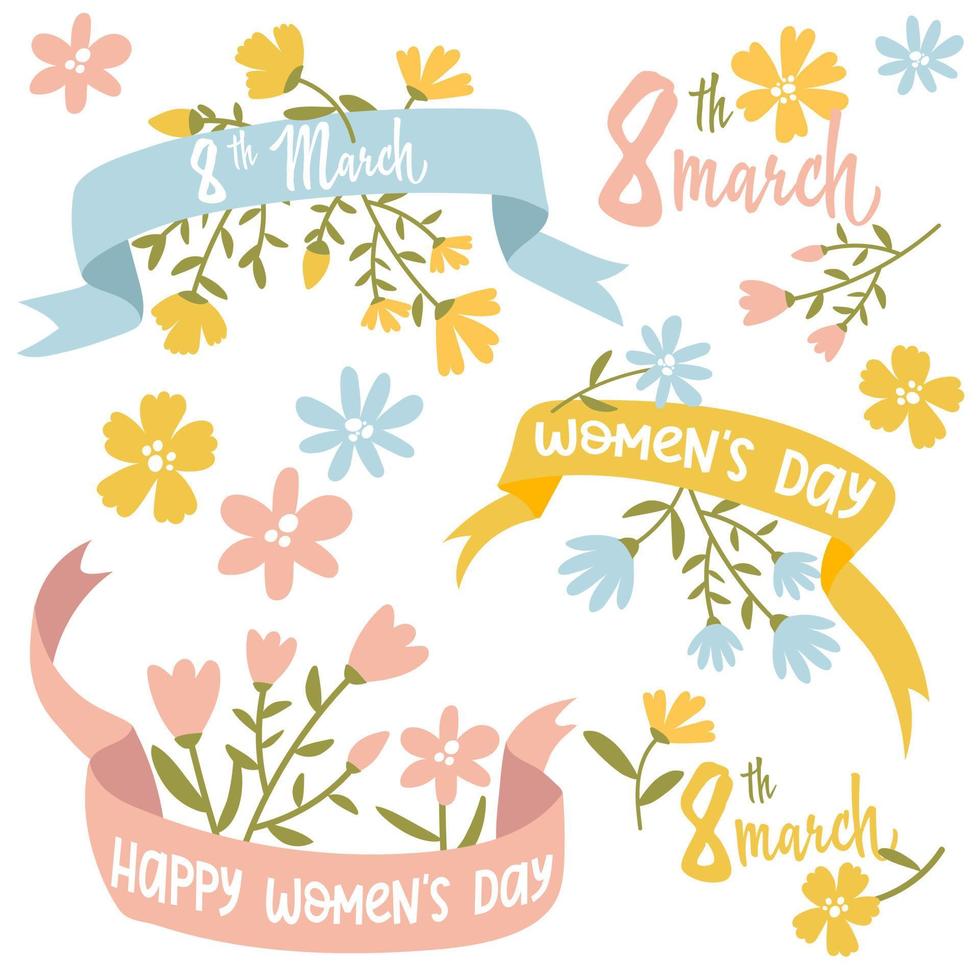 un conjunto de inscripciones e ilustraciones para el 8 de marzo con cinta y flores. dia de la mujer. inscripciones de estilo caligráfico en inglés. plantilla para carteles, postales, pancartas, pegatinas. dia de la mujer. vector