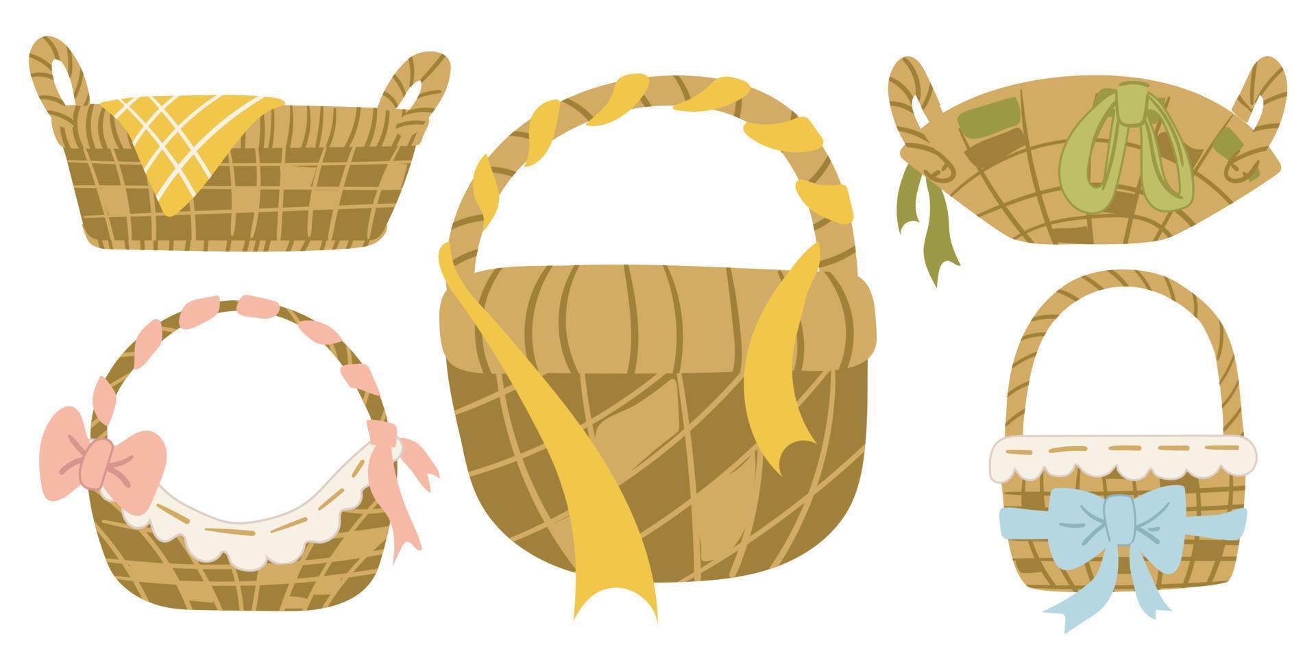 A set of wicker baskets with isolated images of wooden baskets with ribbons on a white background. Flat vector illustration for holidays. use on banners, flyers