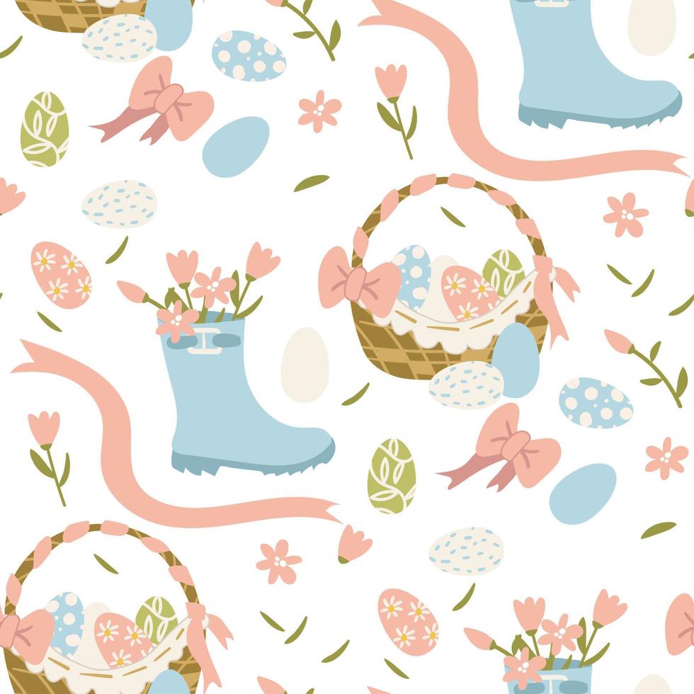 A pattern of a simple pattern with colored eggs in a basket, with flowers in a boot and ribbons. Easter holiday white background for printing on fabric and paper, gift wrapping and wallpaper. vector