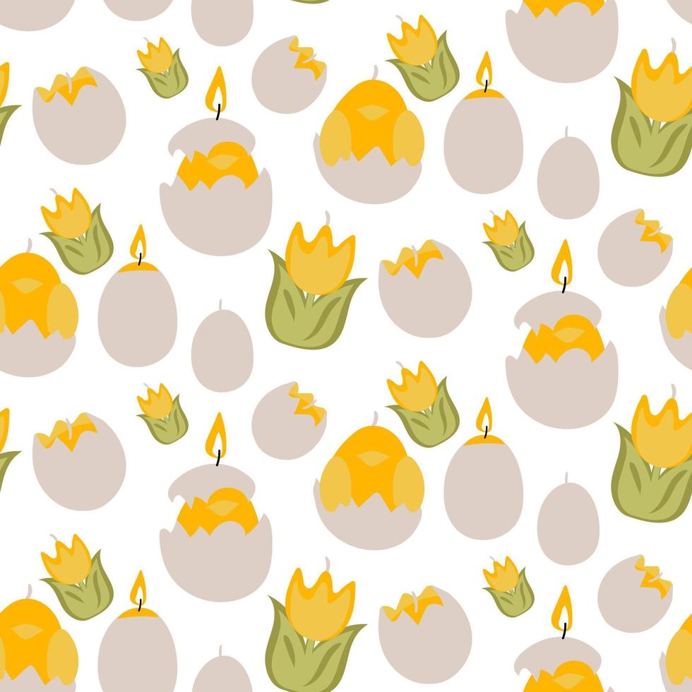 A pattern of Easter candles in the form of colored tulips, chickens, eggshells in yellow flowers. Wax candles with a wick on a white background. Easter candles. Print paper and textiles Gift packaging vector