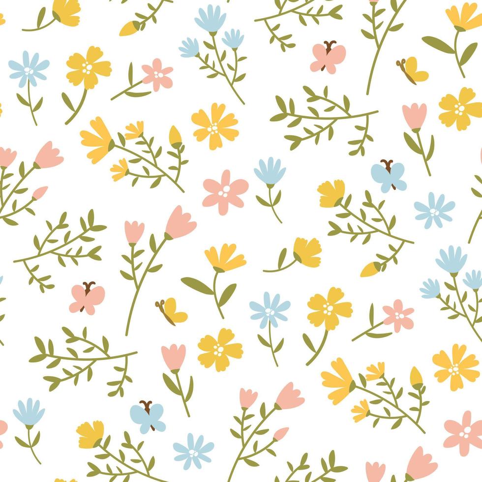 A pattern of flowers in delicate shades on a white background. Retro style. Festive background for printing on fabric and paper, gift wrapping, postcard, wallpaper, bed linen, clothes. vector