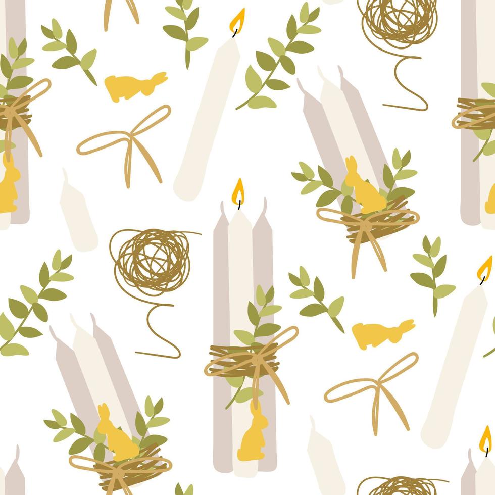 A pattern of decorative Easter candles with fire and decor for table decoration. A bunch of simple white candles with a tourniquet and a branch. Printing on textiles and paper. Gift packaging vector