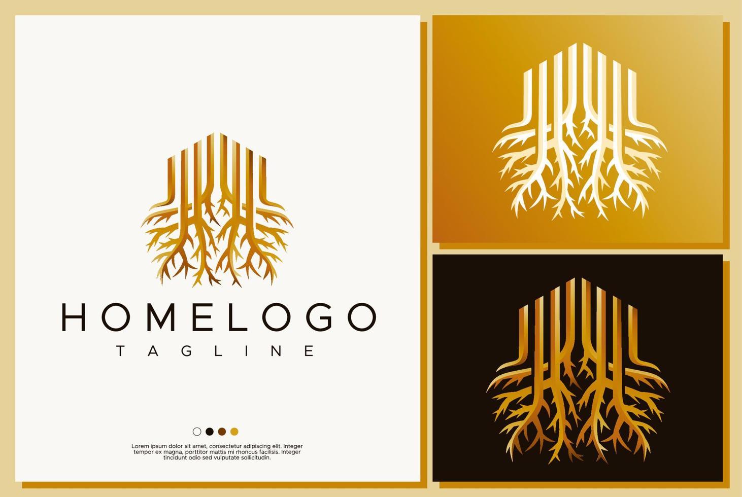 plantilla de diseño de logotipo de inicio raíz. diseño de logotipo de casa de árbol de lujo. vector