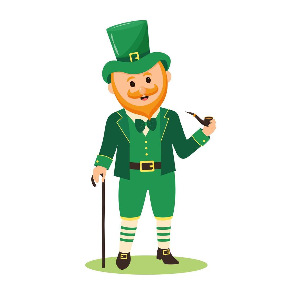 Leprechaun man with a cane holding a smoking pipe. St patrick man in Irish costume isolated on white background. vector