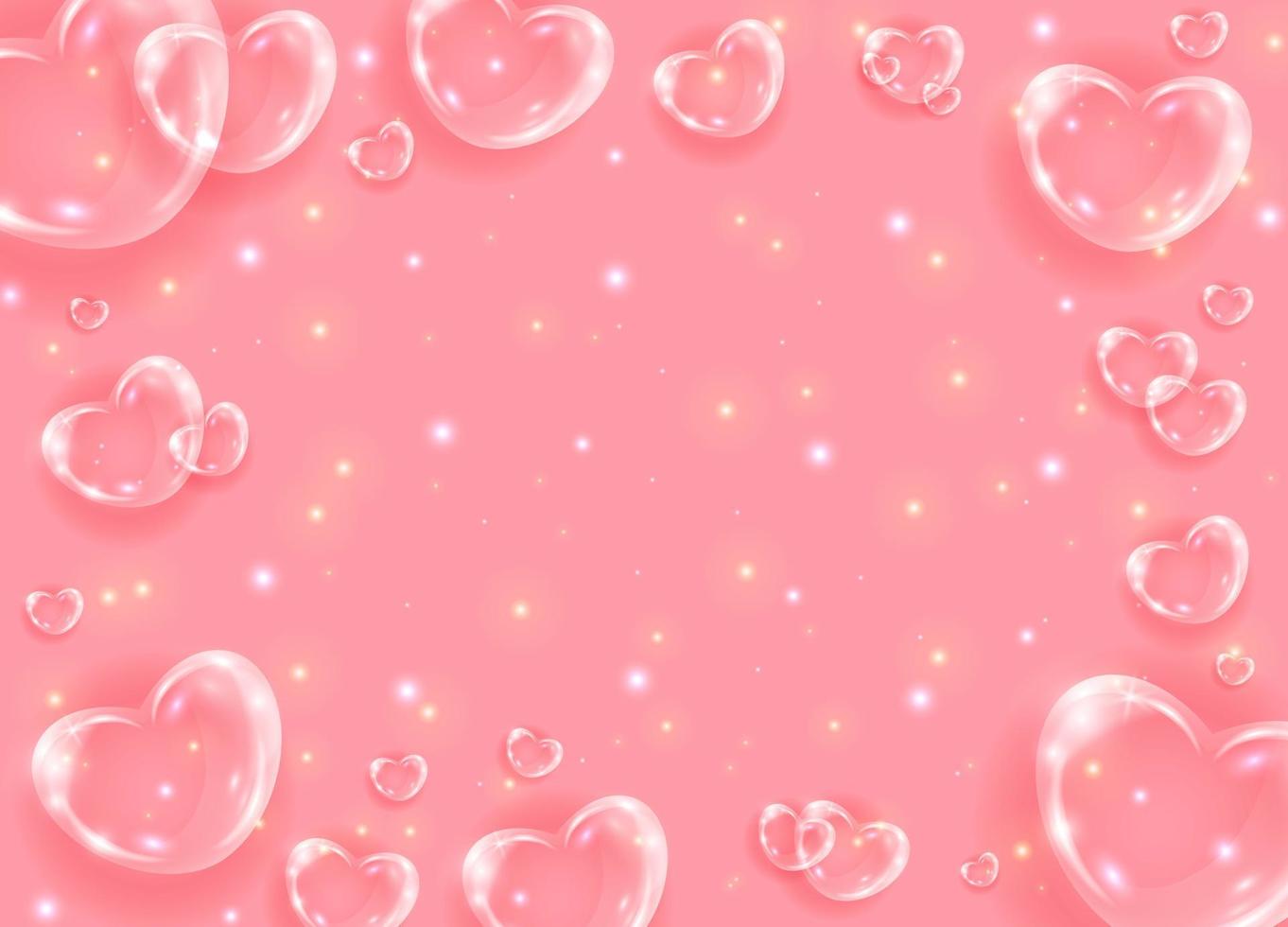 Realistic transparent 3d hearts glass effect background. Glossy soap bubble hearts on pink background with shiny dots. Valentines day banner. vector