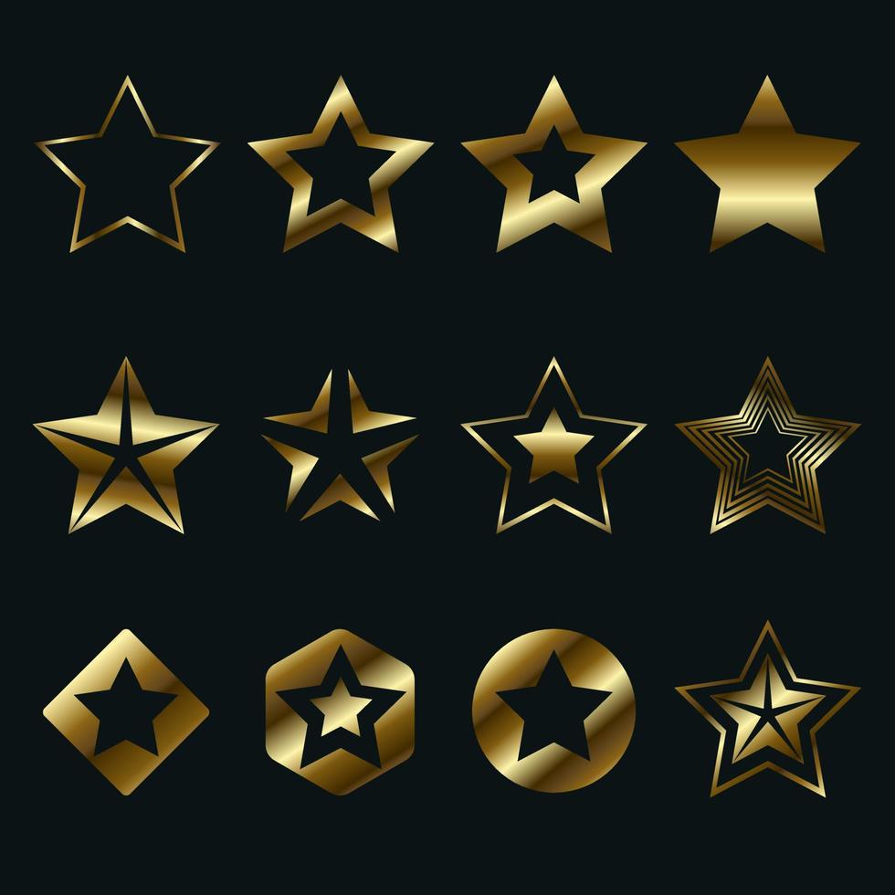 Set of golden luxury stars, premium star shapes in different styles, gold star button on dark background templates design. vector