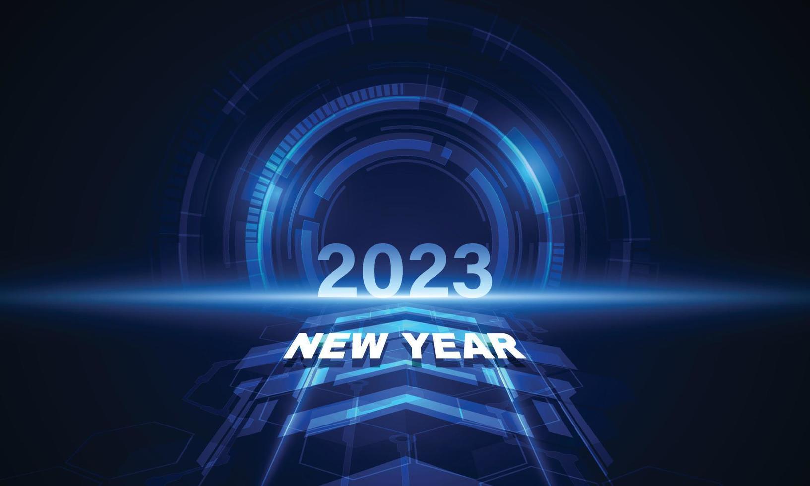 feliz año nuevo 2023 celebración con reloj abstracto de luz azul sobre fondo de tecnología futurista, concepto de cuenta regresiva. vector